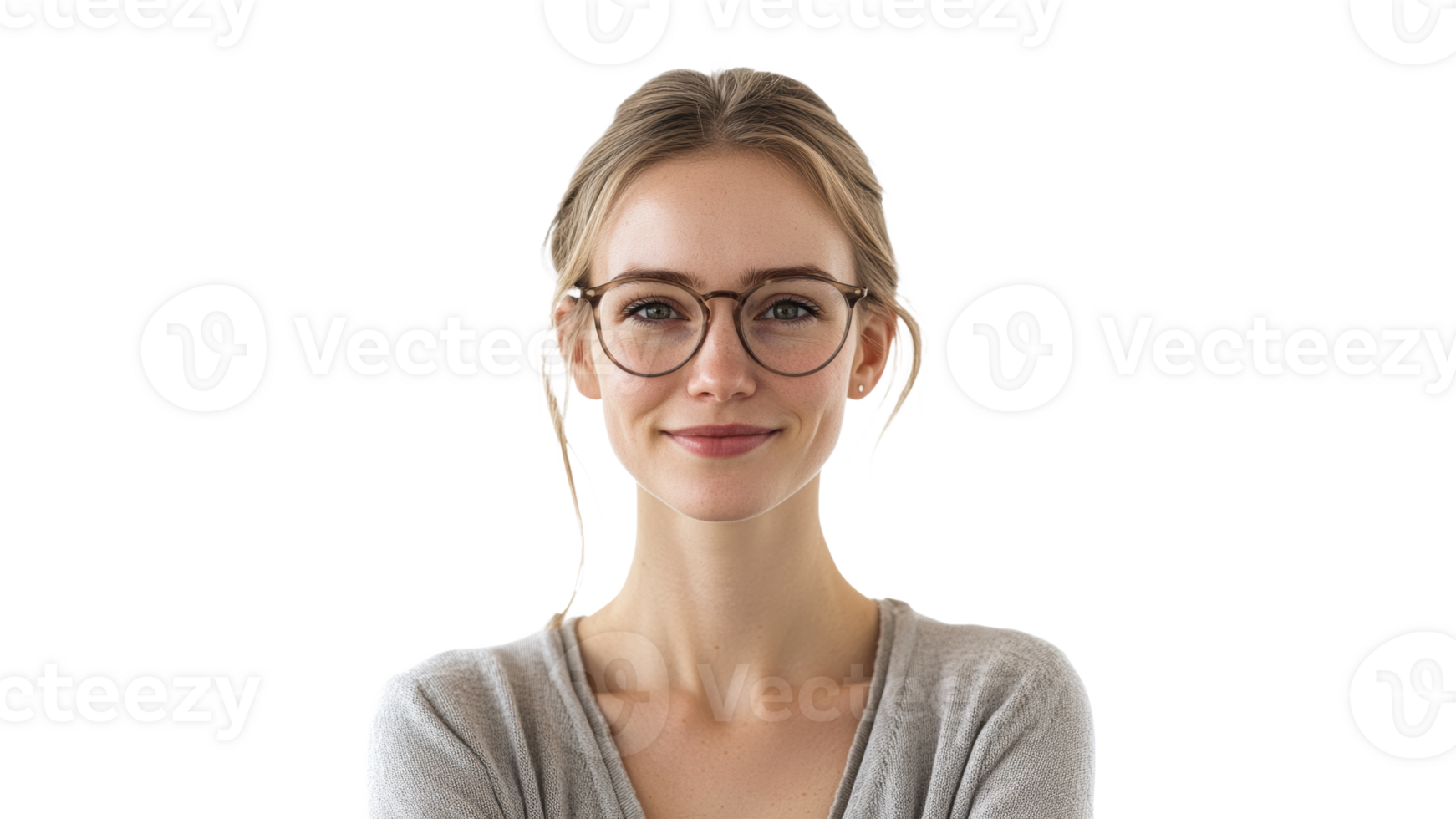 Smiling woman in glasses poses confidently indoors png