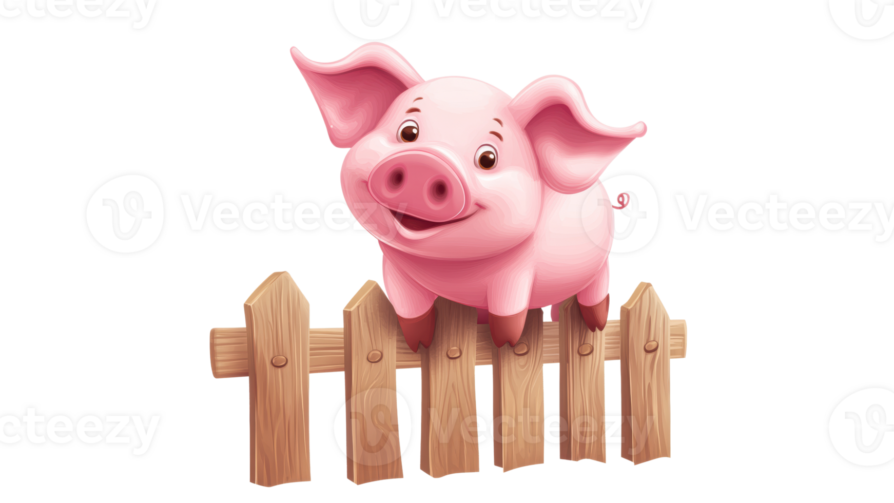 Cute cartoon pig playing on a wooden fence png