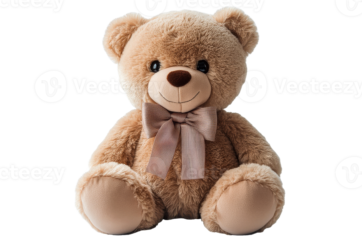 Soft teddy bear with bow tie sitting on display png