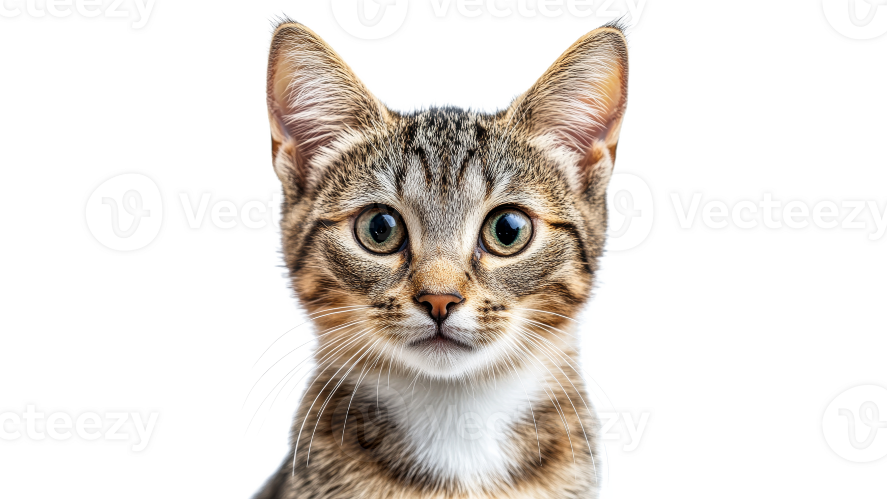 Playful tabby cat with big curious eyes closeup png