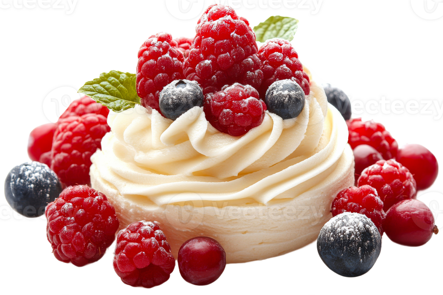 Delicious berry dessert with cream and mint leaves png