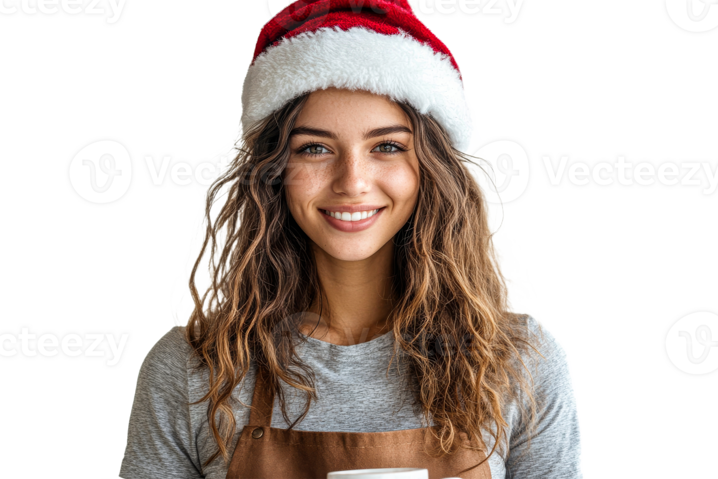Smiling woman in Christmas hat with coffee png
