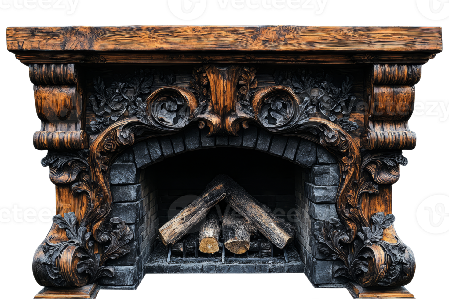 Elaborate wooden fireplace adorned with carvings png