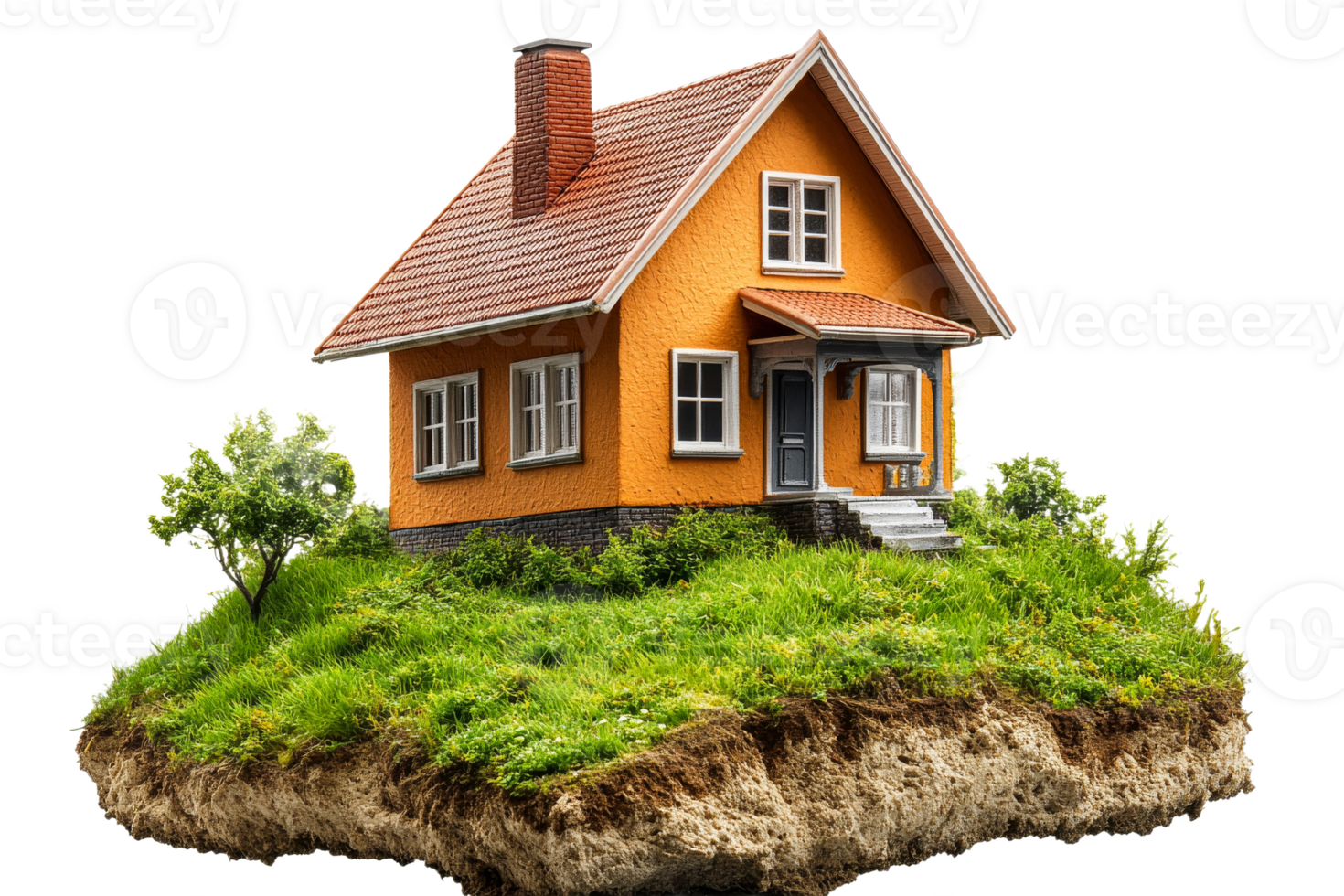 Floating orange house on grassy island landscape png