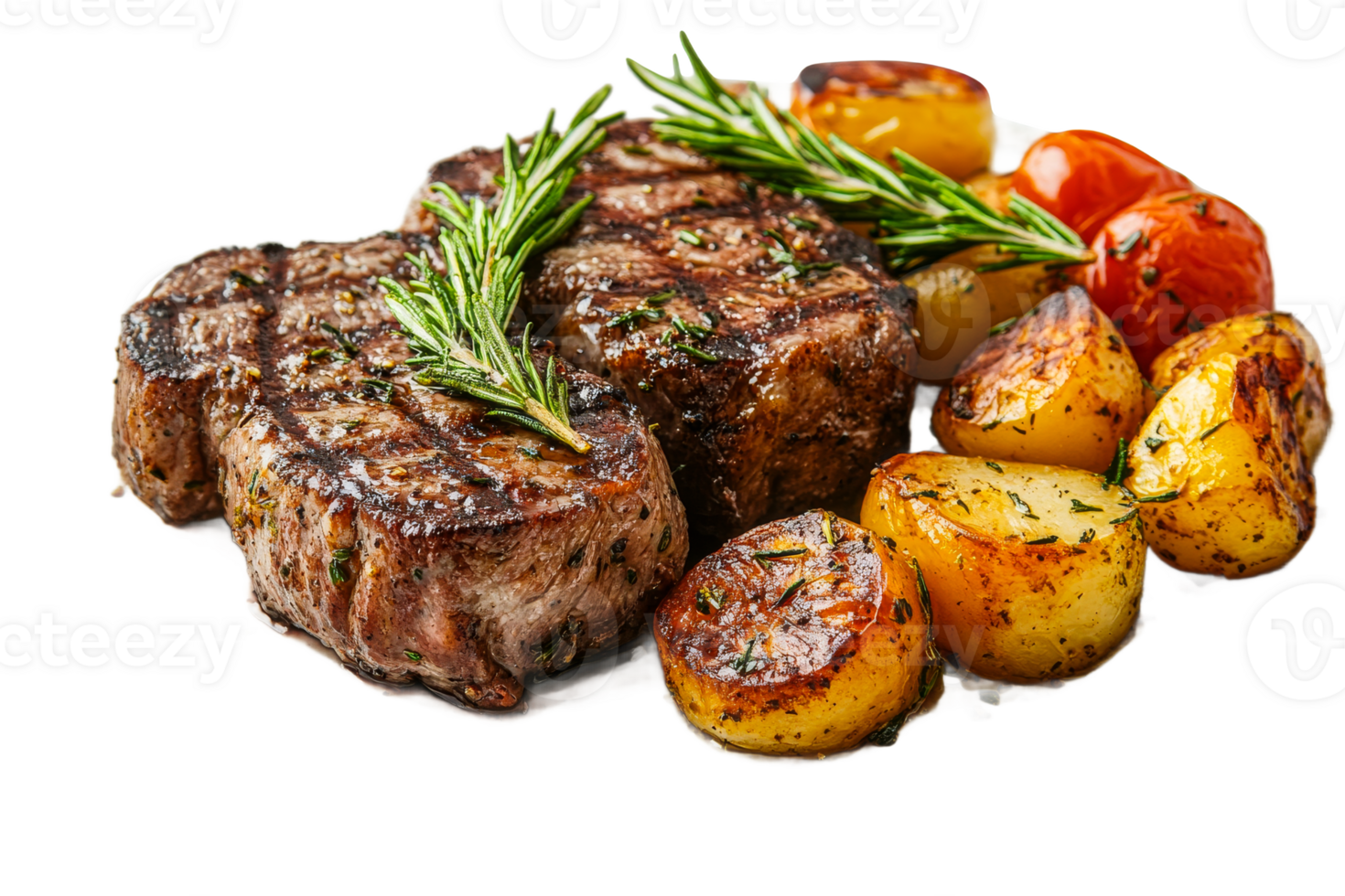 Grilled steak with roasted vegetables and herbs png