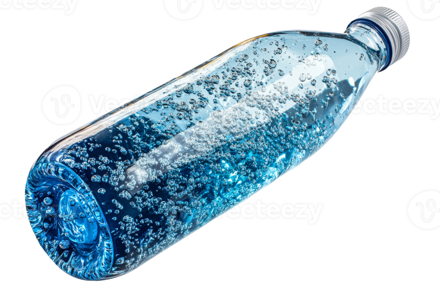 Blue sparkling water bottle with bubbles png