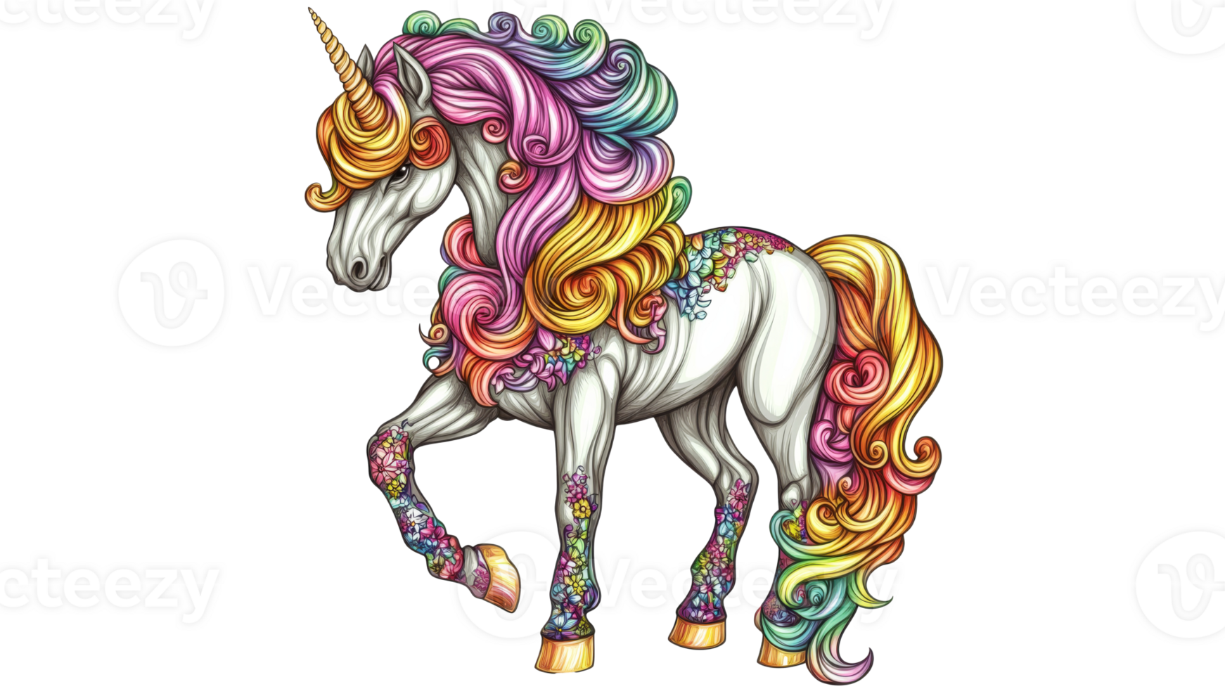 Colorful unicorn with floral accents png