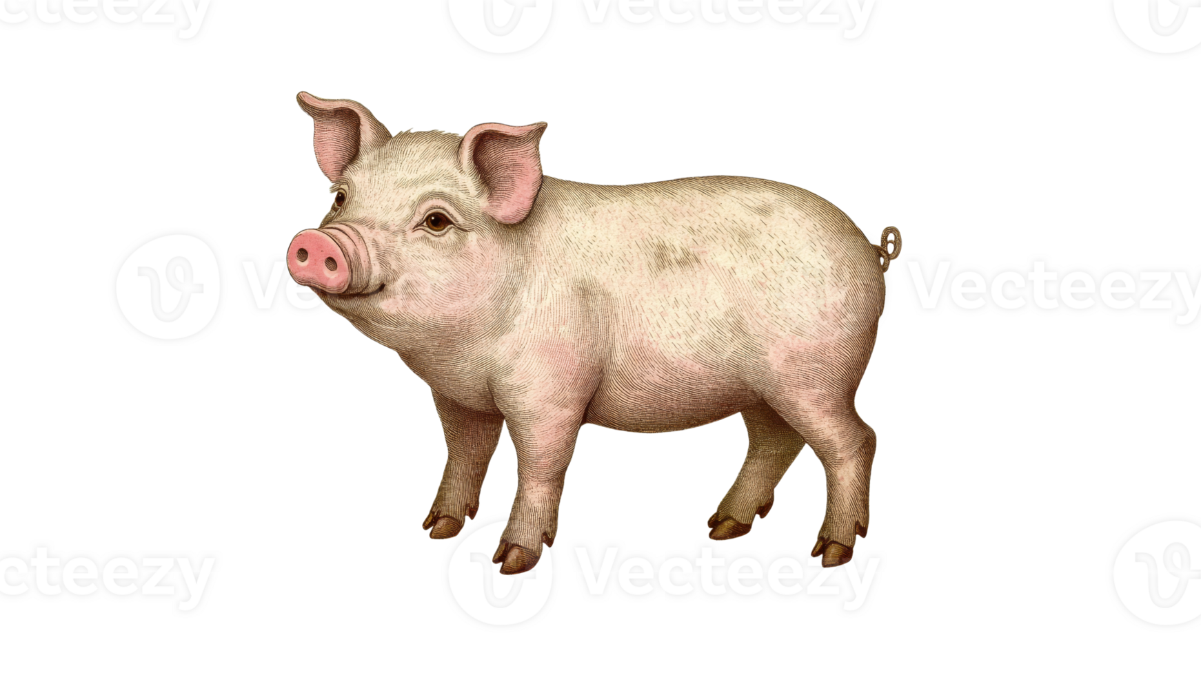 Pig standing quietly in a bright pasture scene png