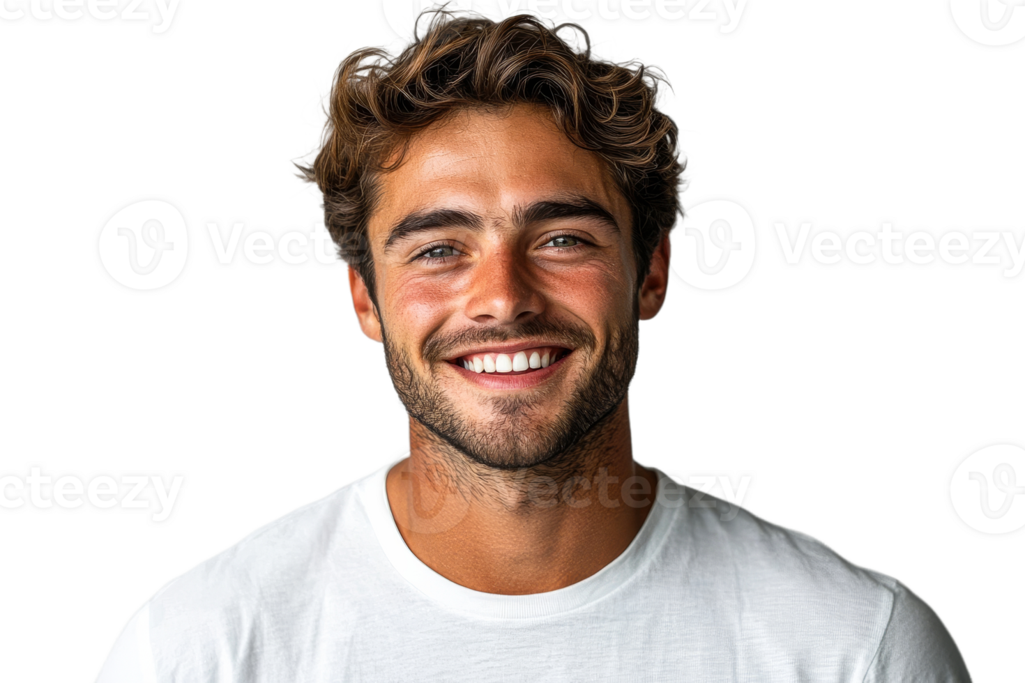 Smiling young man with curly hair in casual attire transparent png