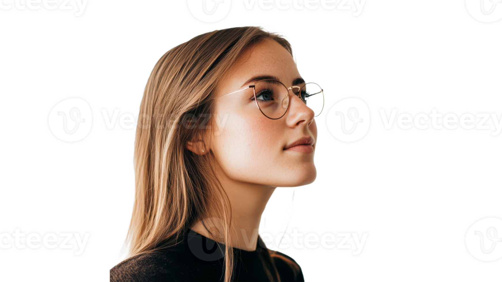 Thoughtful young woman in glasses transparent png