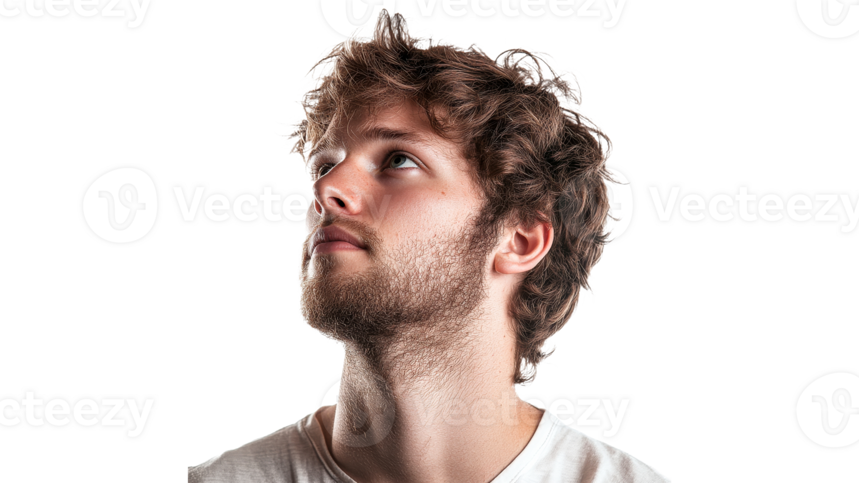 Young man gazes upwards in thought png