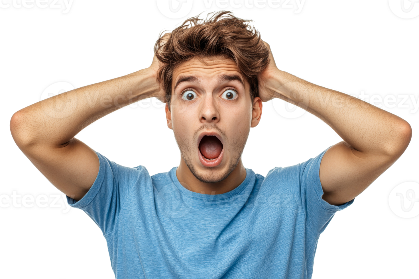 Young man expressing shock with hands on head png