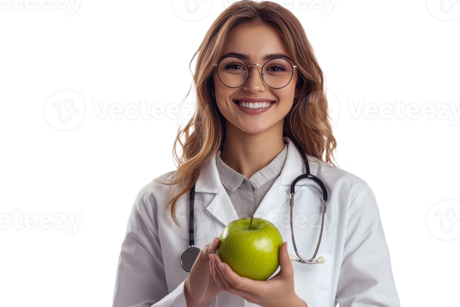 Smiling healthcare professional with green apple png