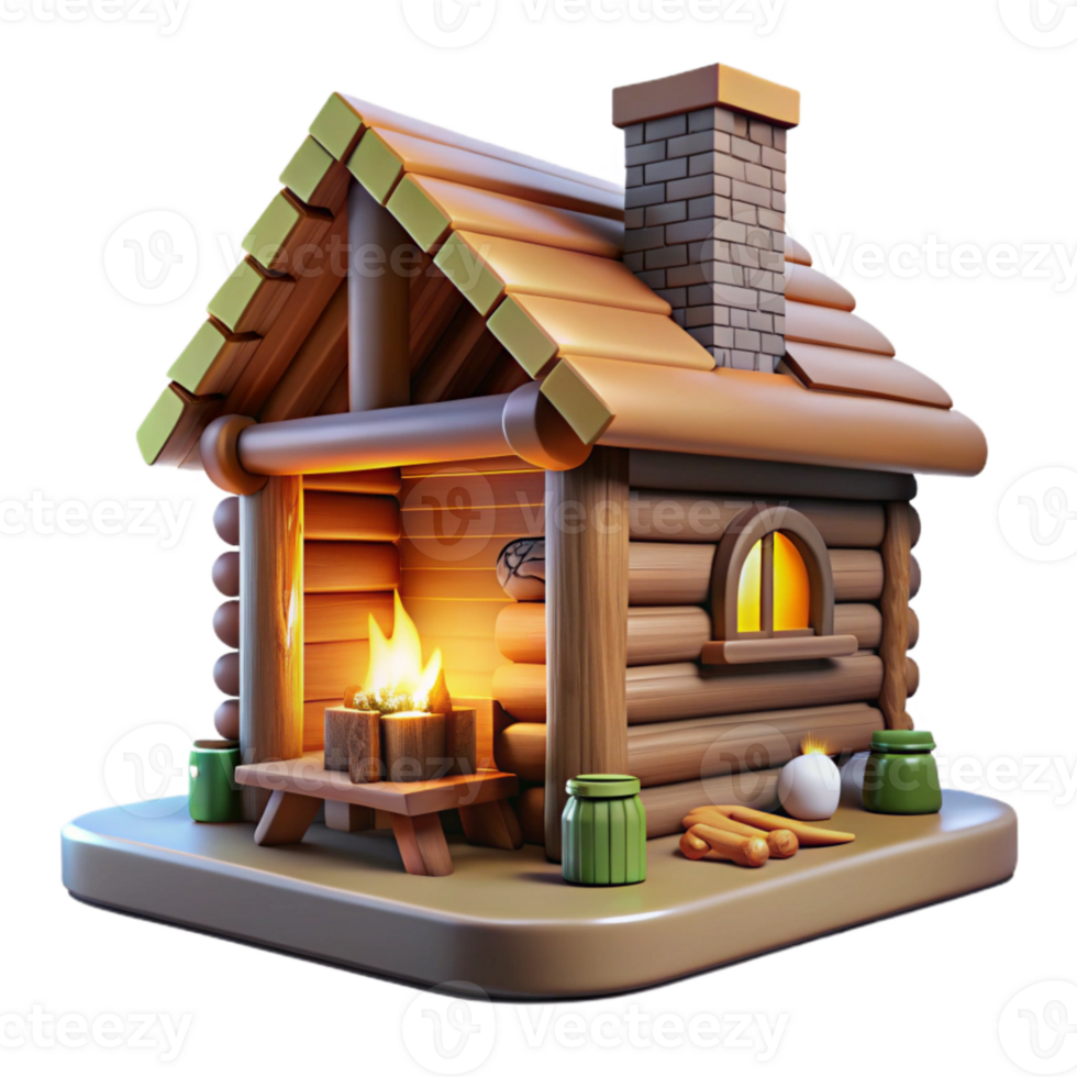 extraordinary minimalist Log Cabin Interior with Fireplace Transparent Background original png