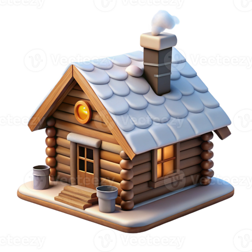dramatic traditional Log Cabin with Smoke From Chimney Winter Scene Isolated premium png