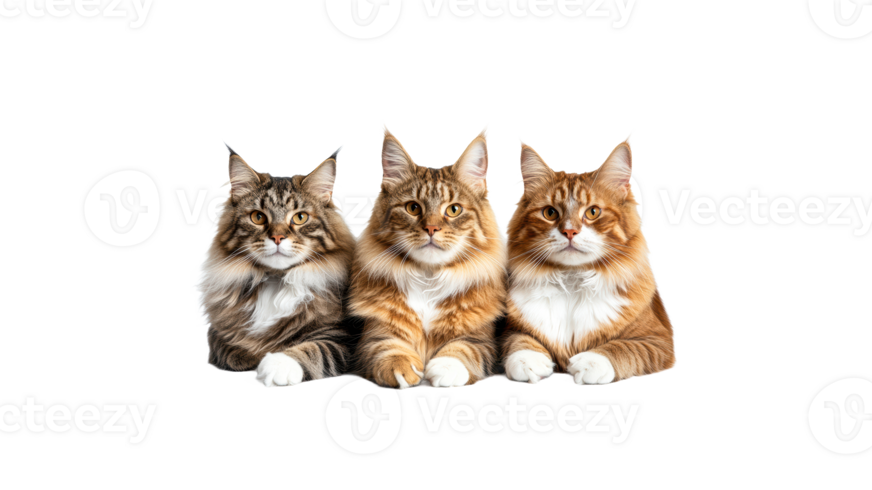 Three cats resting together on a transparent background png