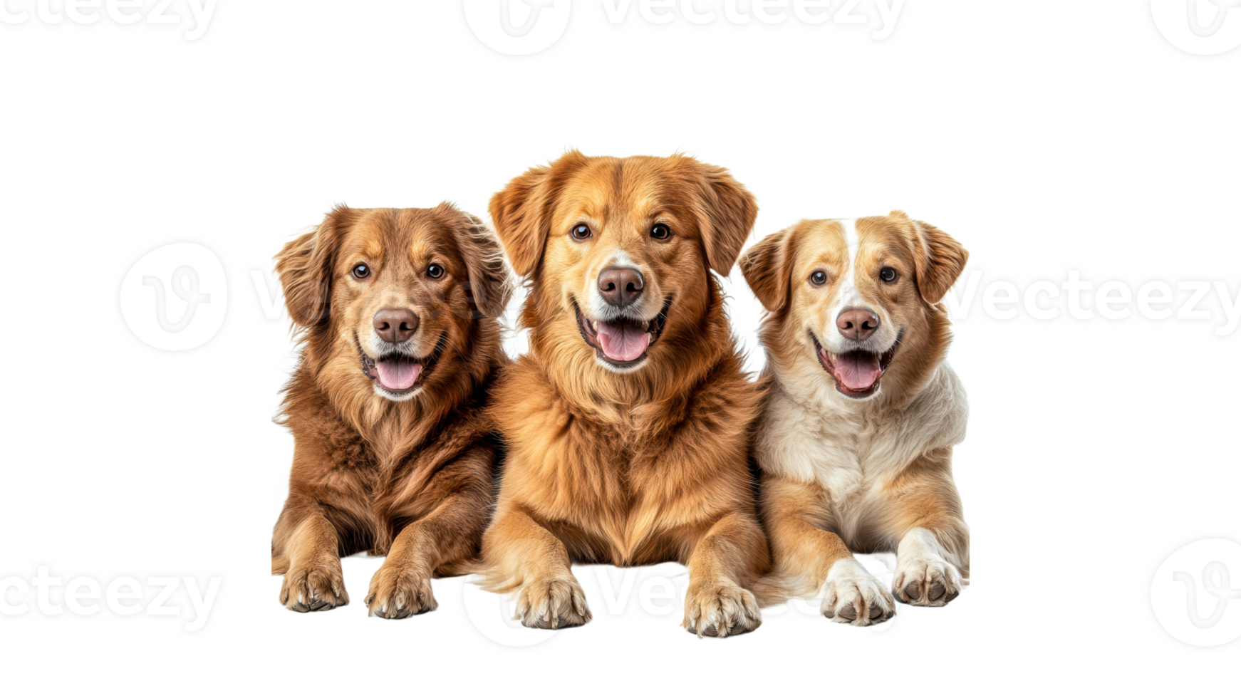 Three happy dogs resting on a white background png