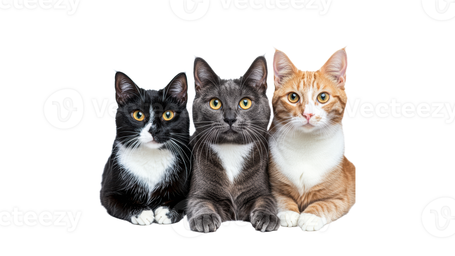 Three cats posed together on a white background png