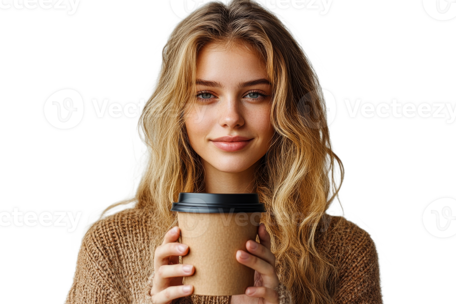 Young woman in cozy sweater with coffee png
