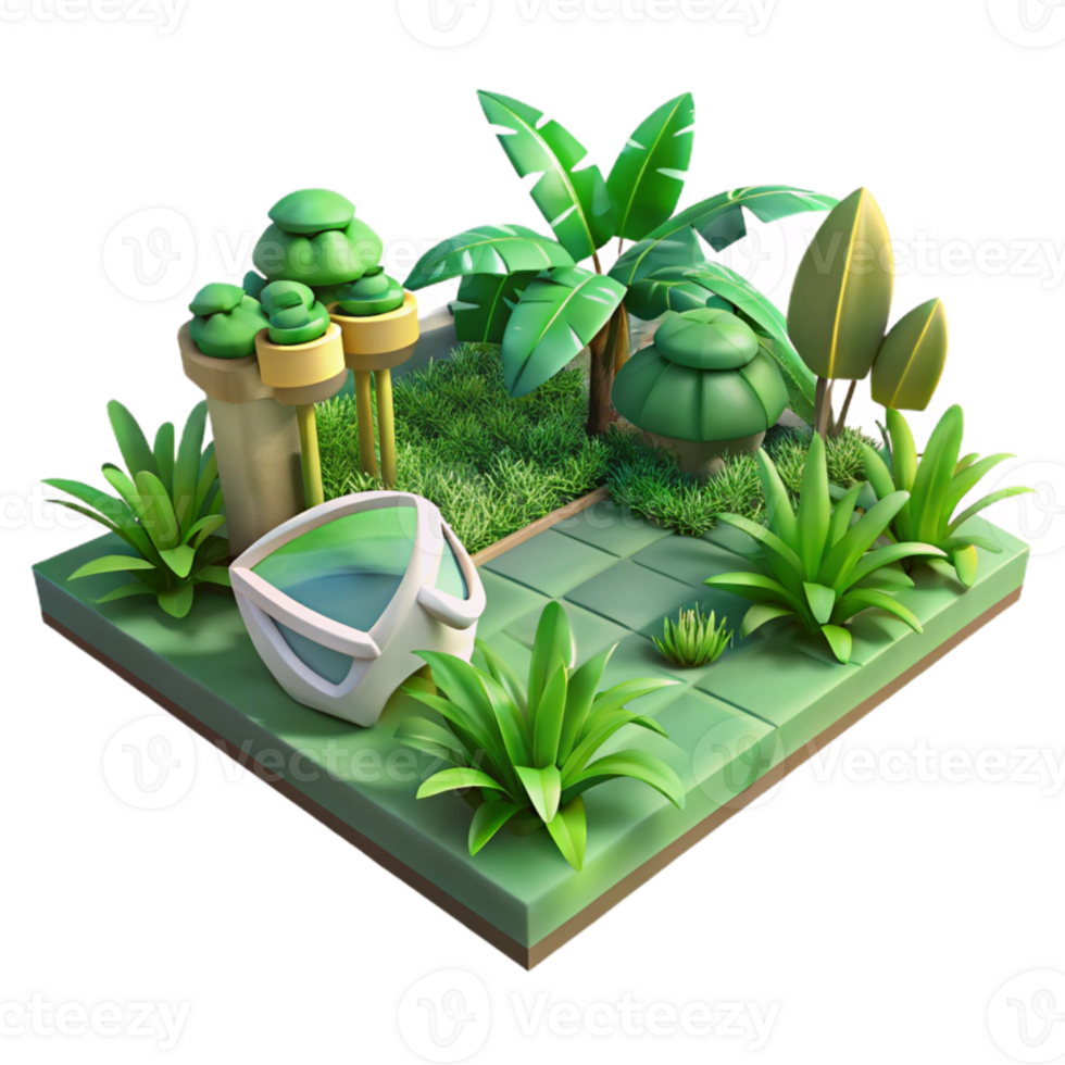 beautiful minimalist Low Poly Vr Garden with Green Plants Transparent Background authentic png