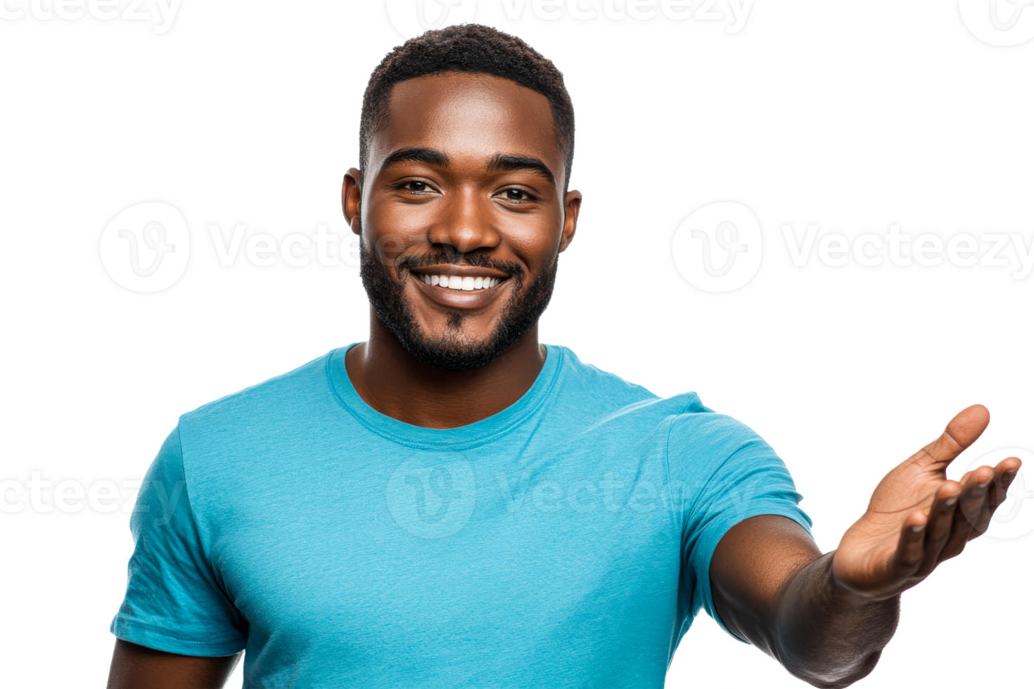 Smiling man inviting with open hand gesture png