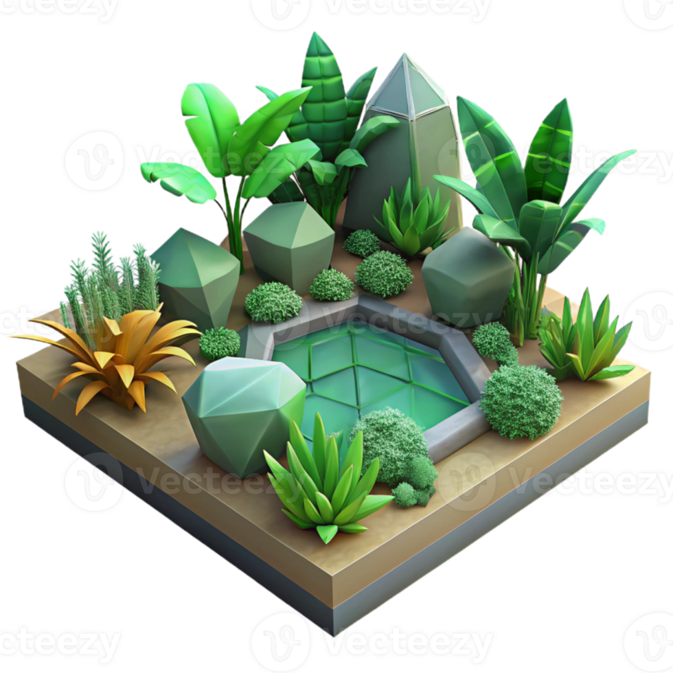 beautiful classic Low Poly Vr Garden with Green Plants Transparent Background detailed png