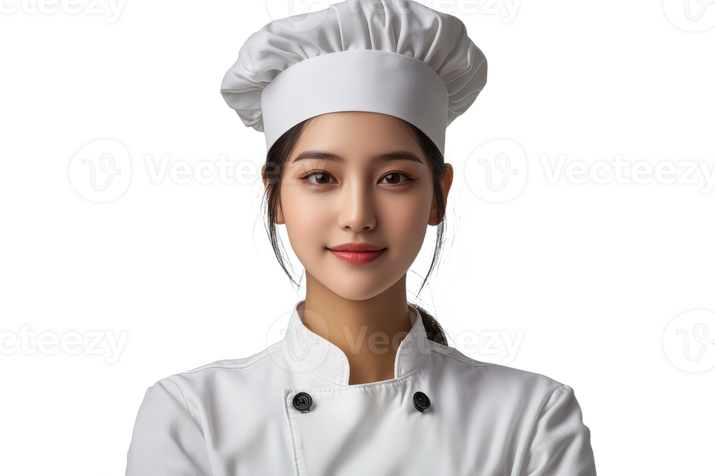 Chef wearing a white uniform and hat with a warm smile png