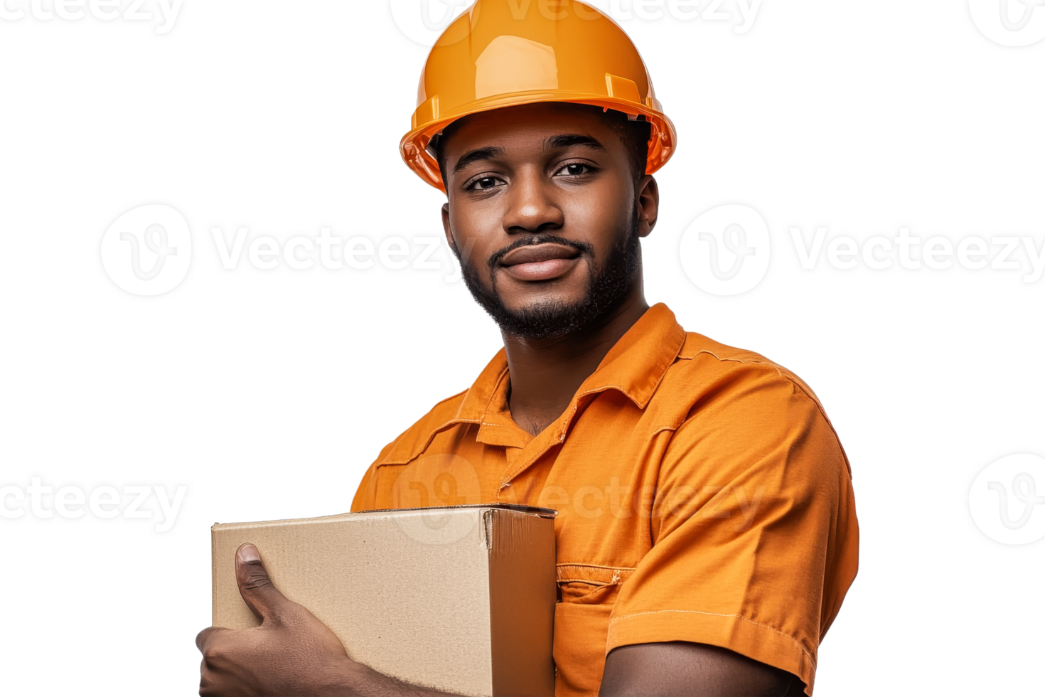 Young man in orange uniform holds package with care png