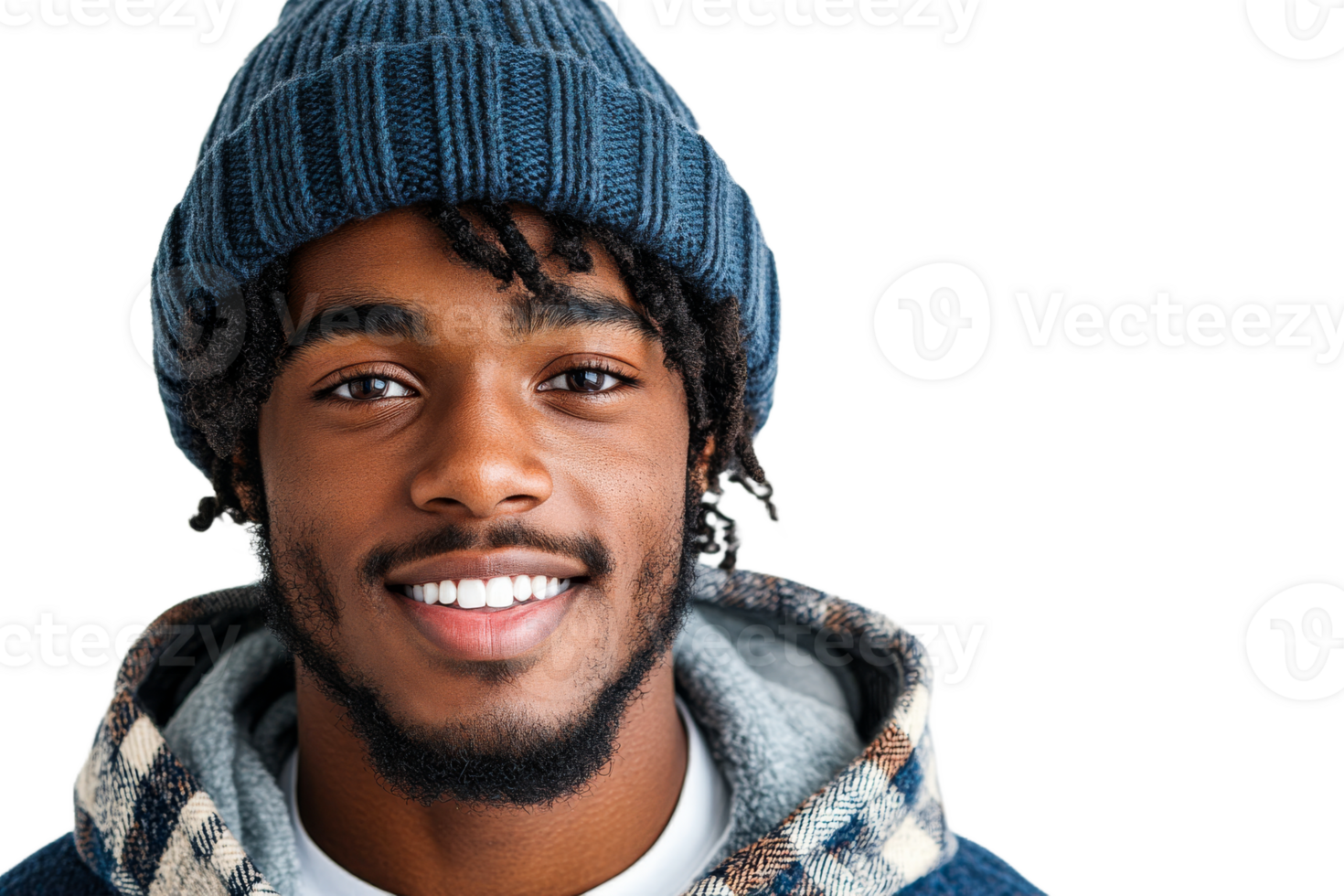 Smiling young man wearing a blue beanie and jacket png