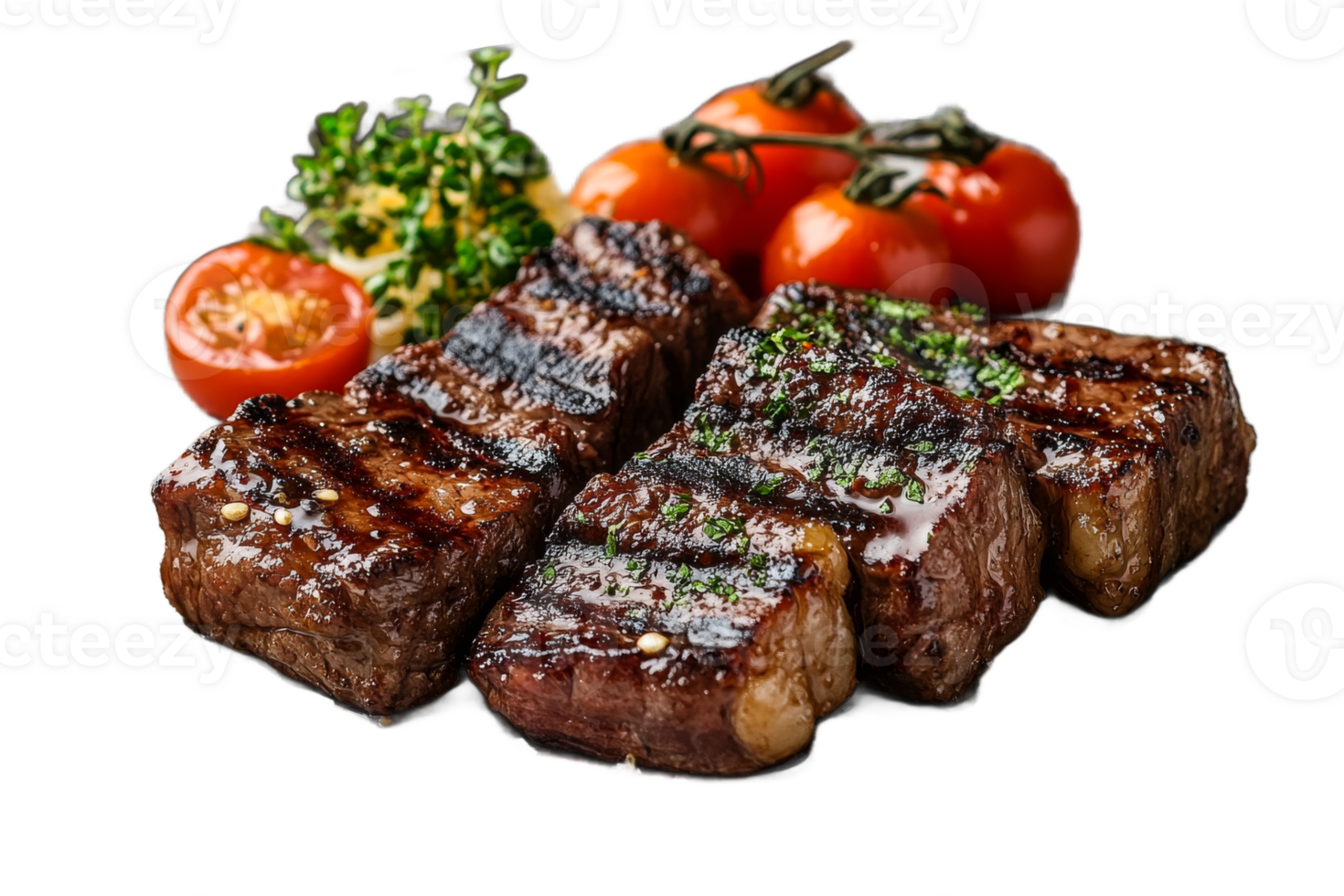 Delicious grilled steak with cherry tomatoes and herbs png