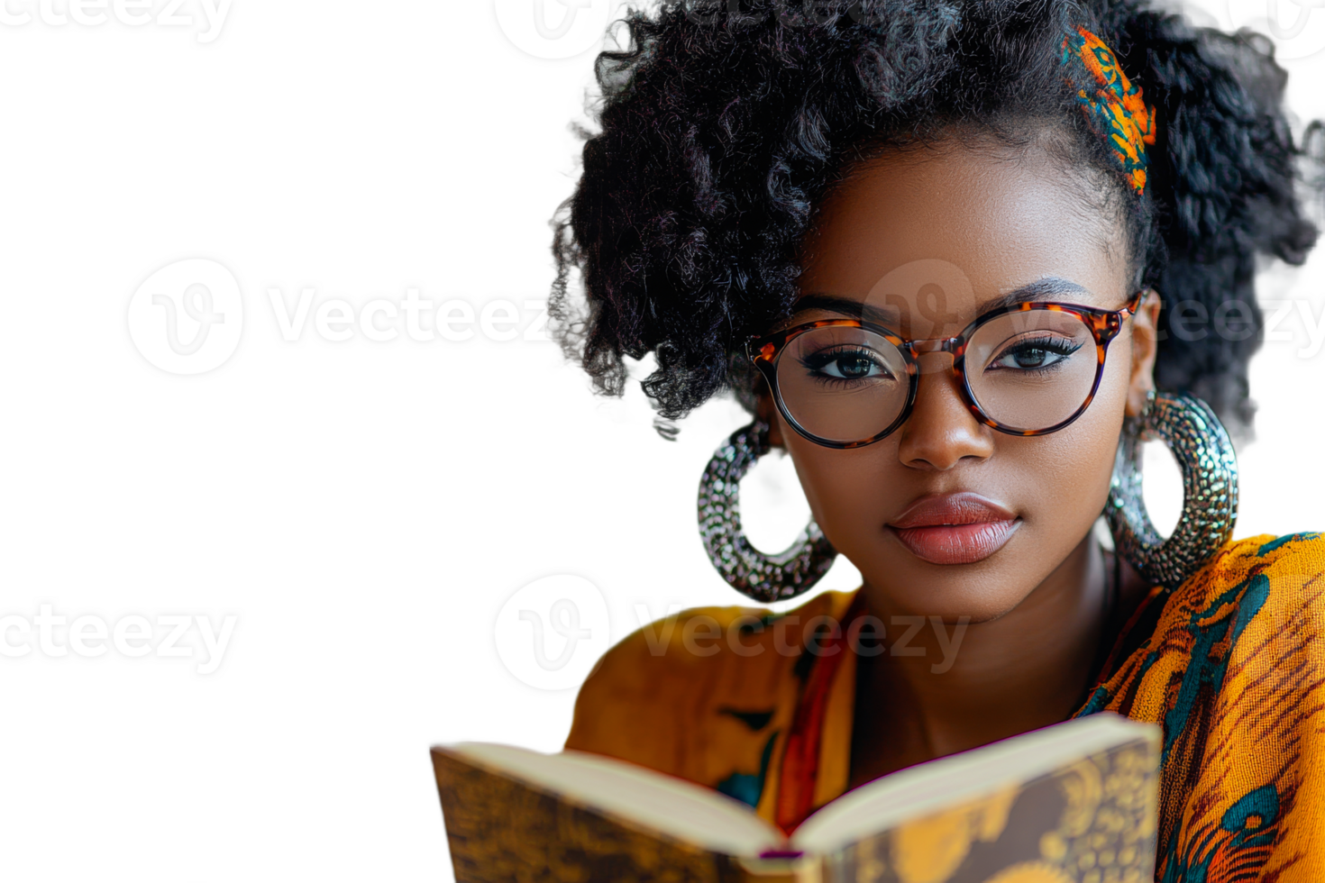 Young woman reading a book with stylish eyewear png