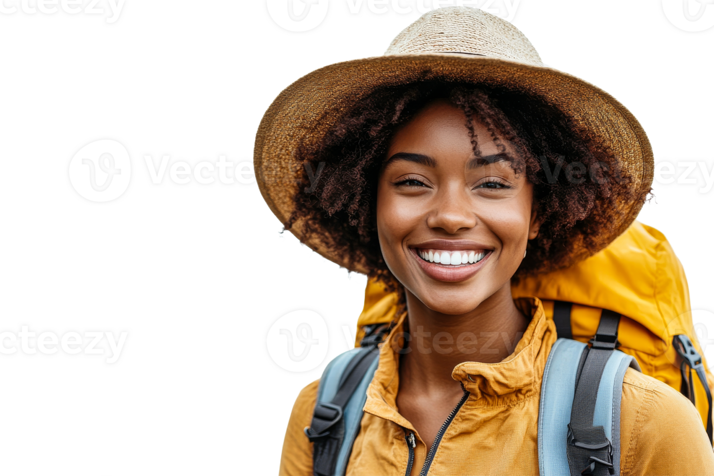 Smiling traveler with backpack and straw hat png