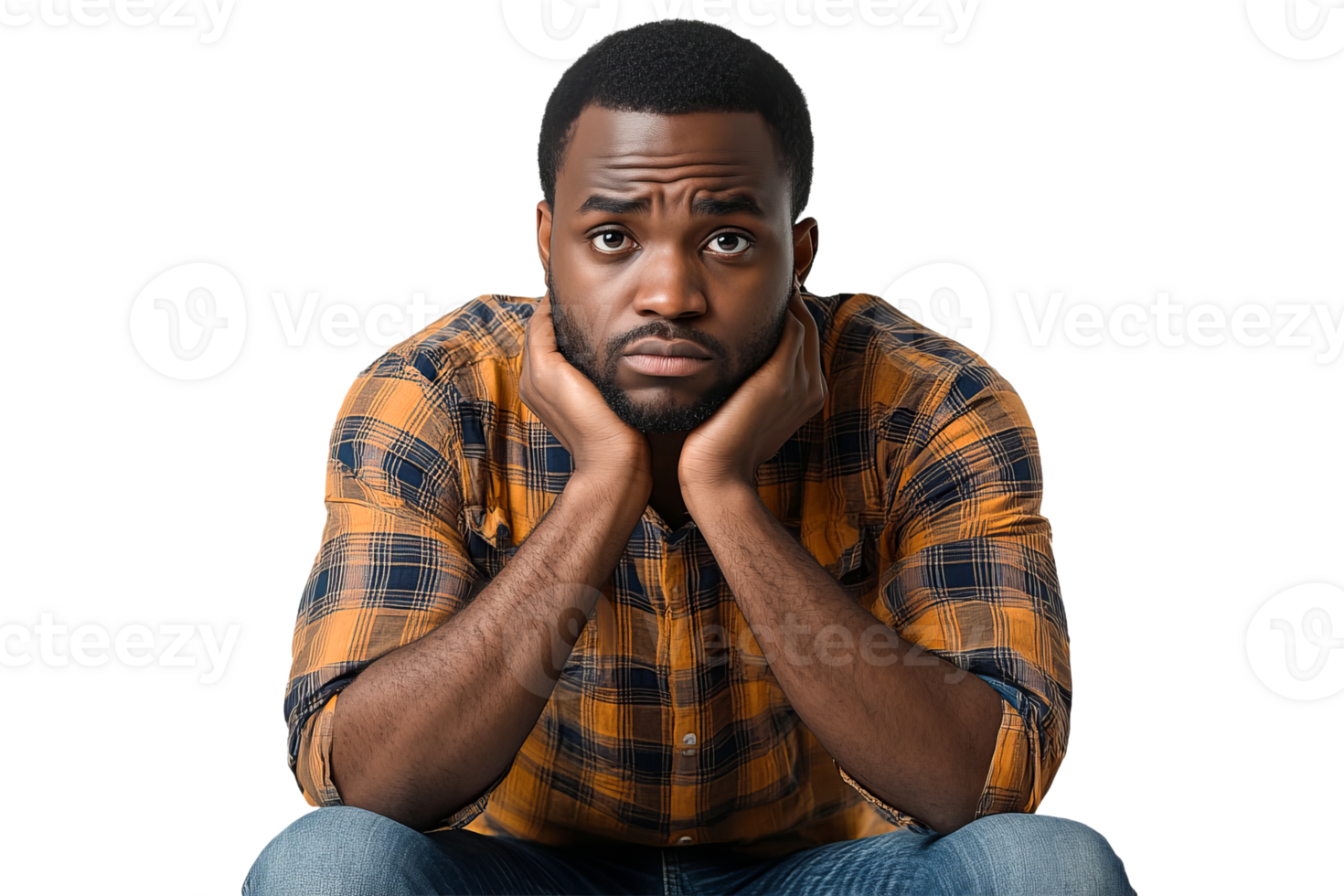 Young man expressing concern with thoughtful pose png