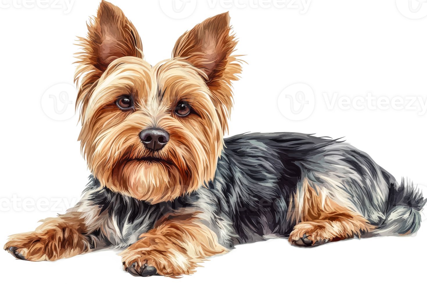 Yorkie resting on a surface with a transparent background png