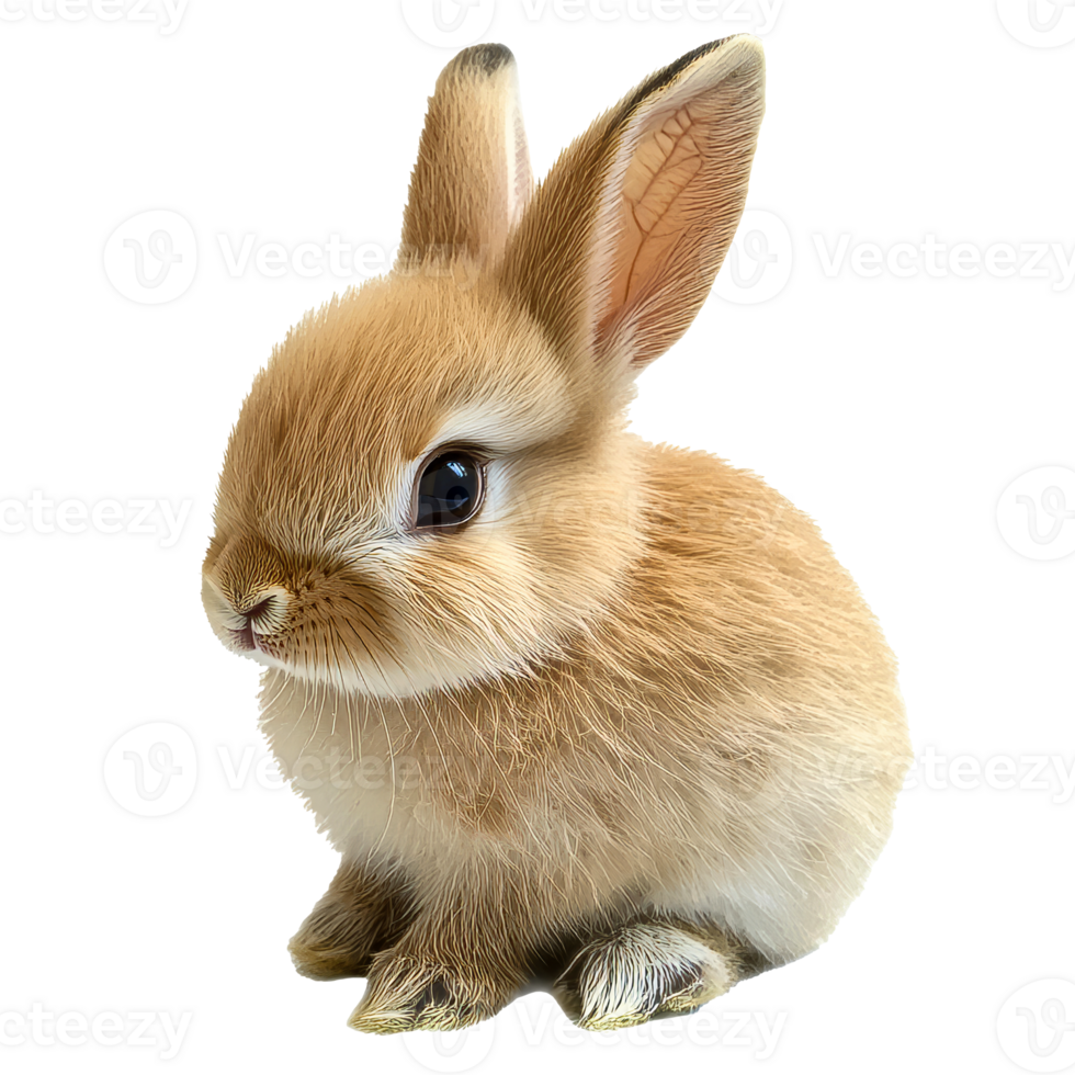 Cute fluffy rabbit sitting with big eyes facing right png