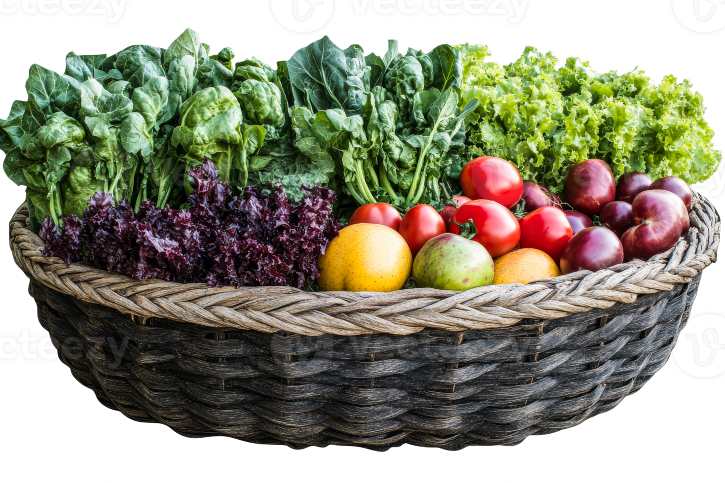 Freshly harvested vegetables in a woven basket on display png