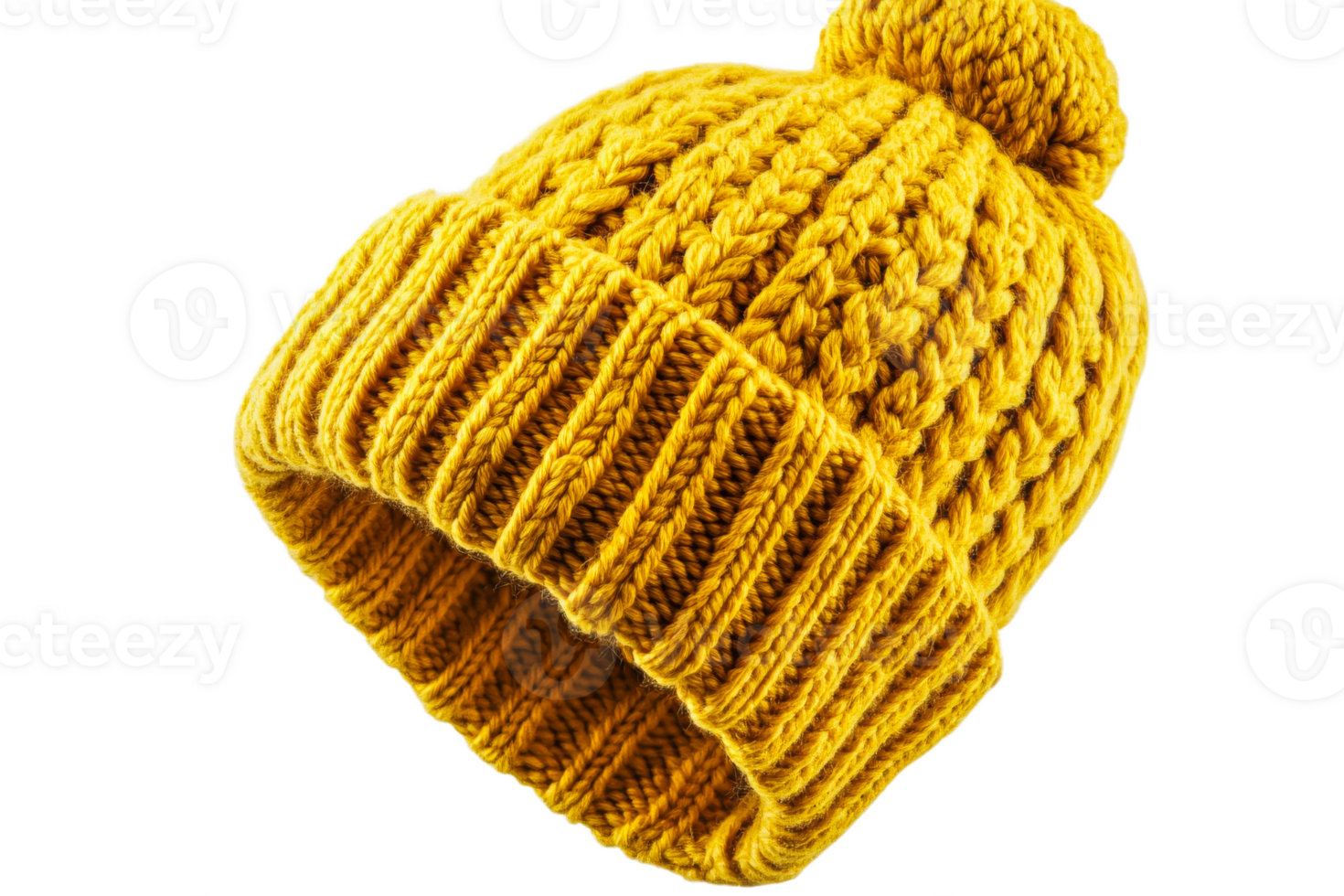 Warm knitted yellow beanie with pom pom for winter wear png