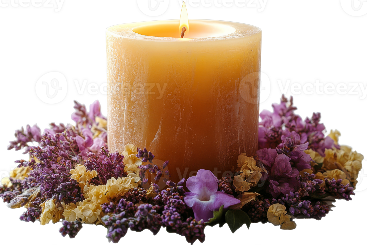 Candle surrounded by colorful flowers for relaxation png