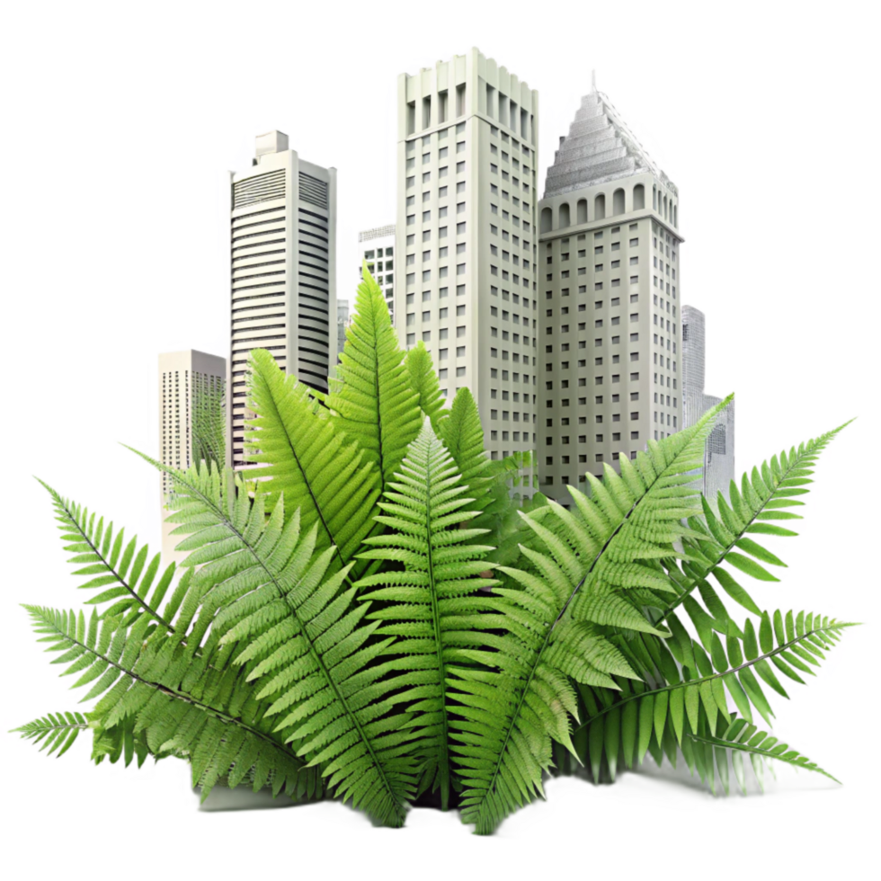 dramatic rustic Lush Fern Fronds Against Urban Backdrop Cutout original png