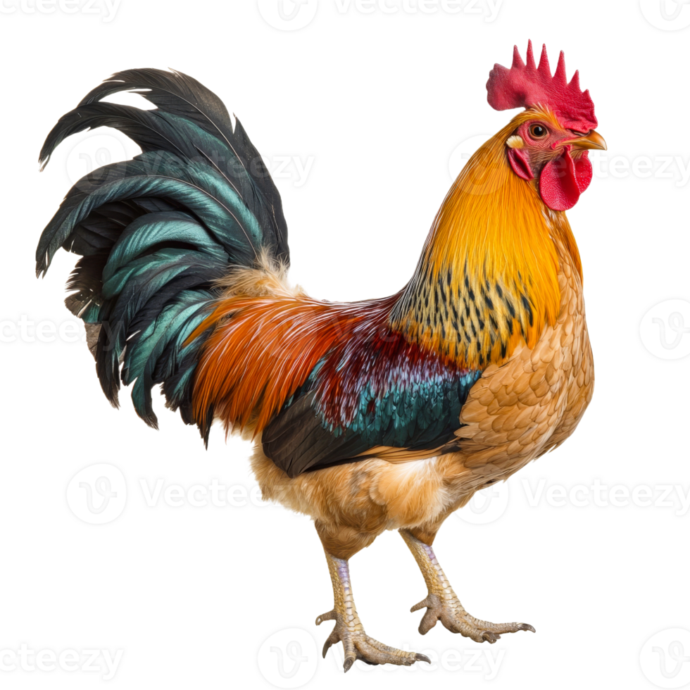 A vibrant rooster displaying its colorful plumage png
