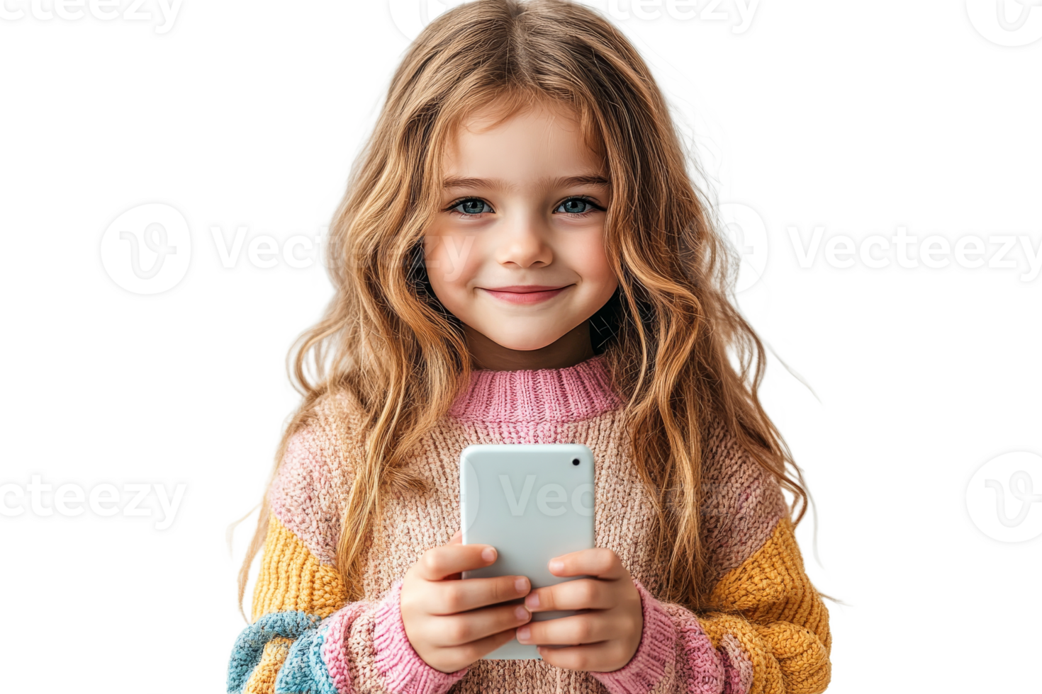 Little girl holding a smartphone with a smile png