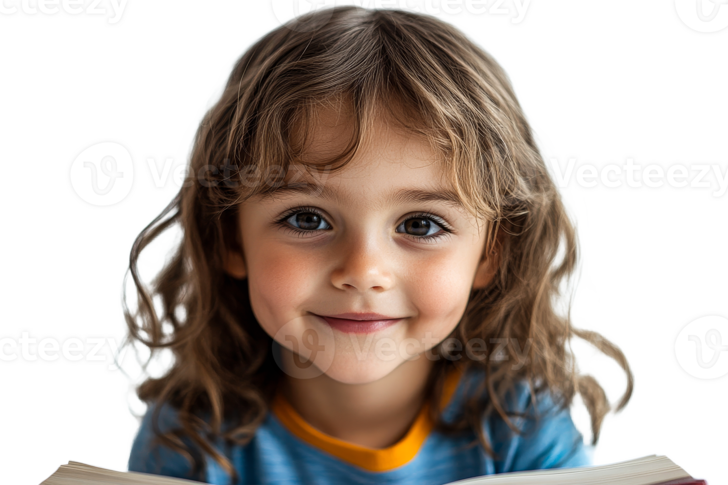 Child reading a book, smiling, transparent bg png