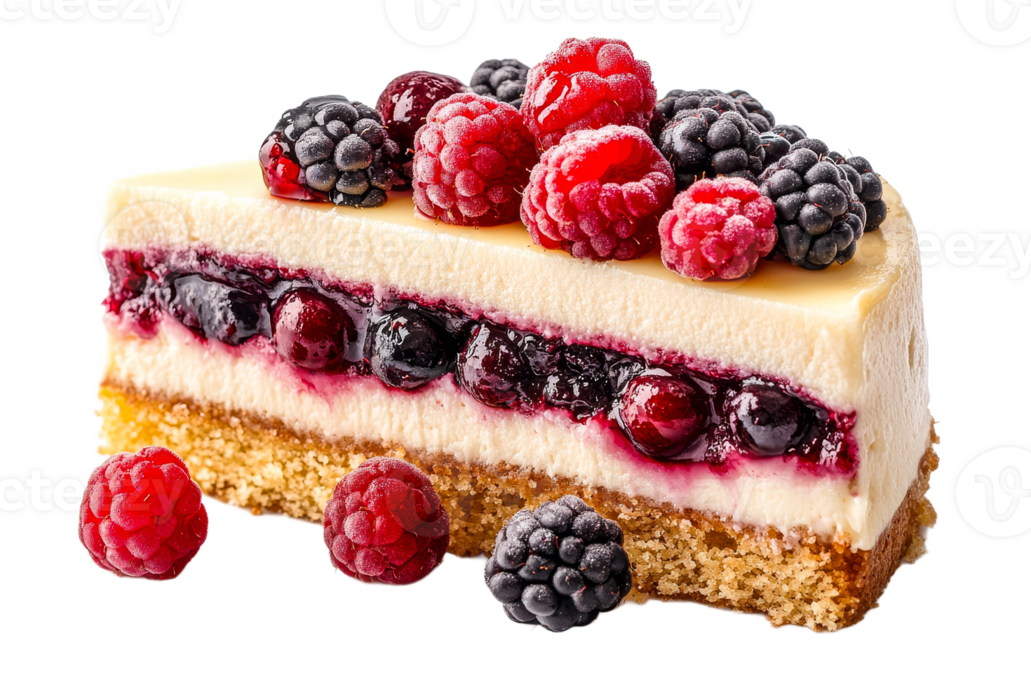 Delicious dessert slice with assorted berries and cream png