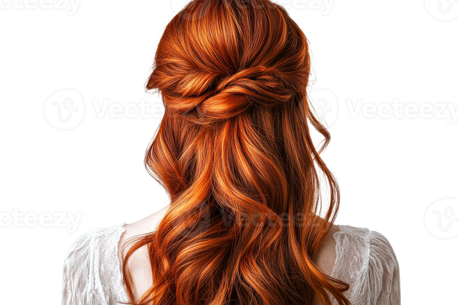 Elegant updo hairstyle with flowing red hair png