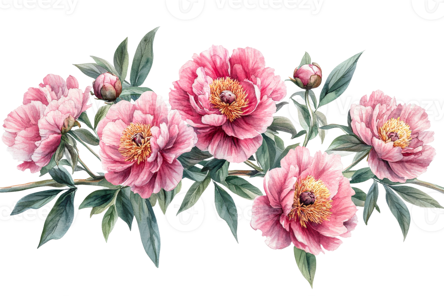 Pink peonies bloom with greenery on a clear bg png