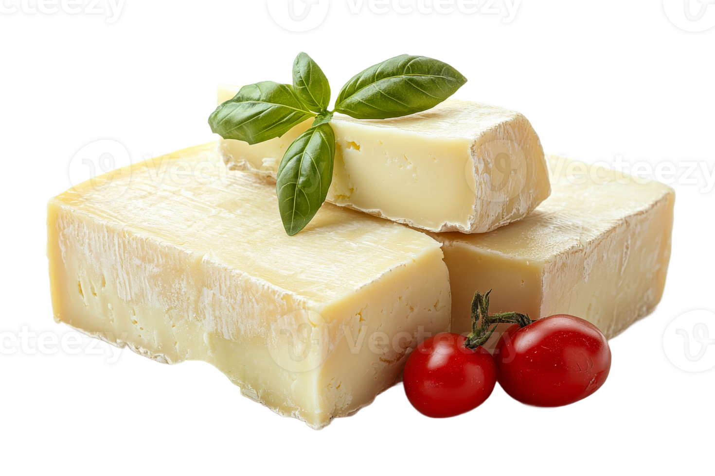 Fresh cheese with basil and cherry tomatoes on white png