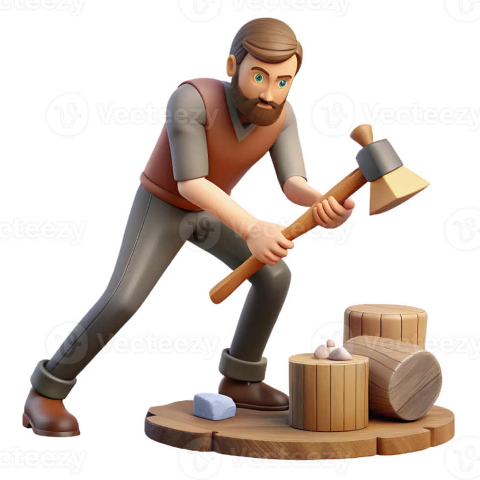 beautiful classic Man Chopping Wood Axe Swing Action Isolated original png