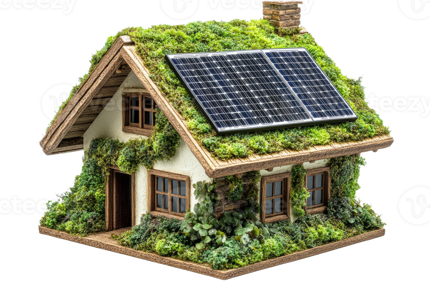 Eco friendly house model with solar panels and greenery png