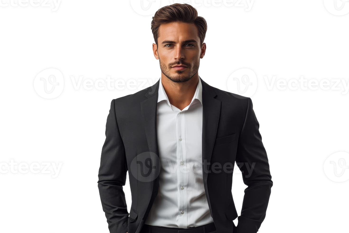 Man in suit stands confidently on clear background png