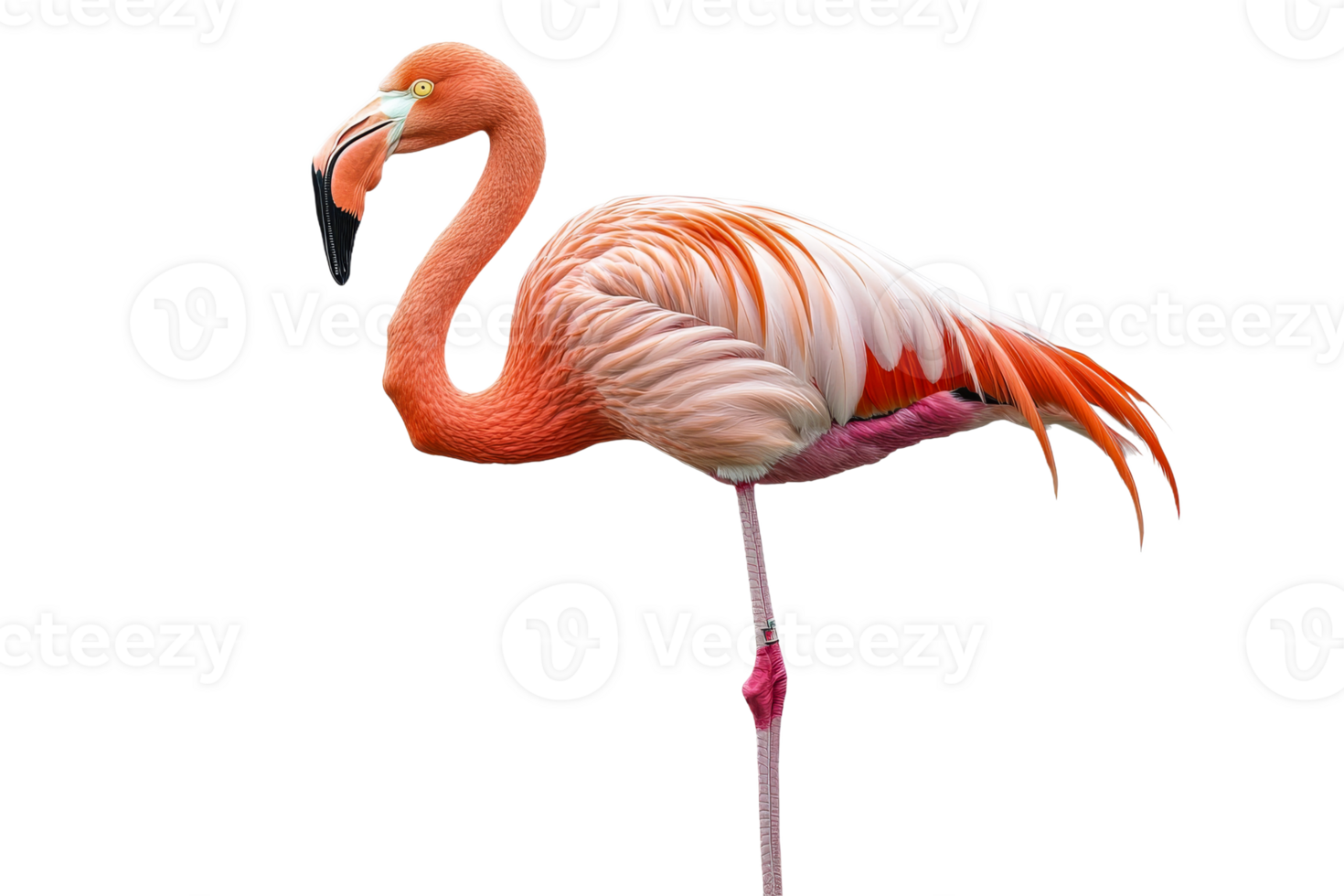Vibrant flamingo standing gracefully on one leg, cut out transparent png